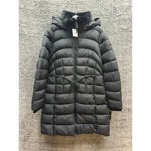 NWT DKNY Rope Belted Faux-Fur-Trim‎ Hooded Down Puffer Coat Black Womens Size L